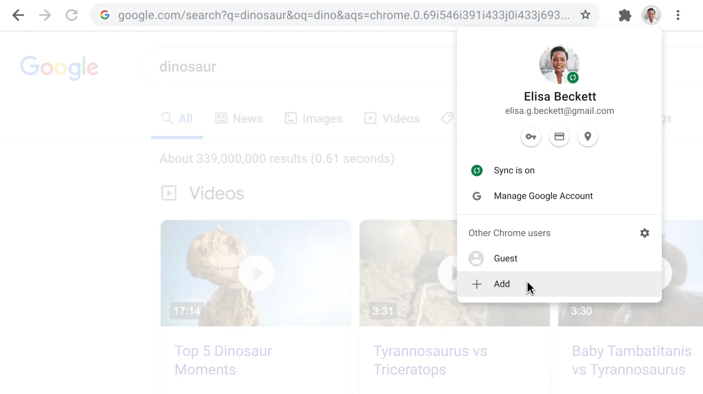 Chrome browser window with open Profile dialog box.